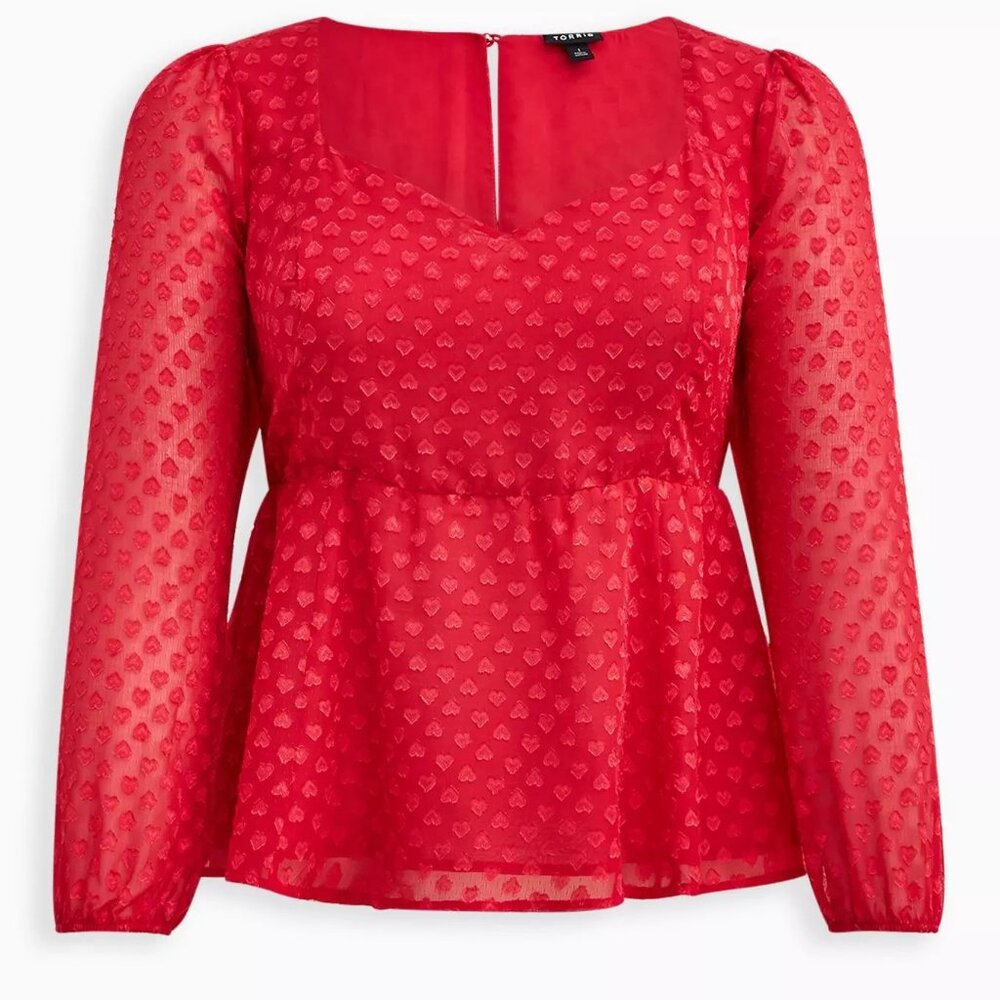 Torrid Women's Red Heart Chiffon Peplum Blouse Plus Size 1 NWOT
